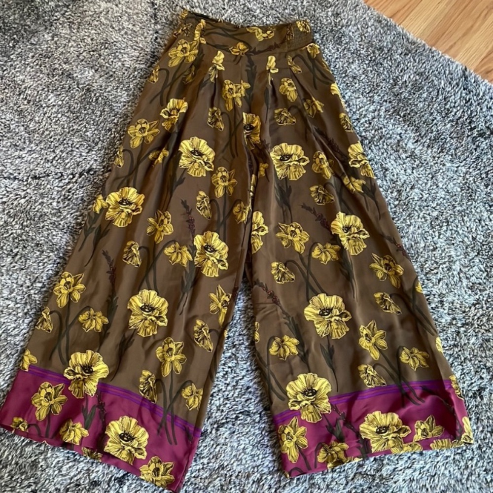 New Anthropologie Maeve Terrace Floral Brown Yellow Autumn Fall Wide Leg Pants 6 - Picture 3 of 8